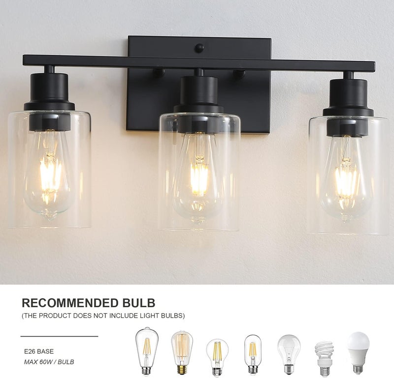 EMONG 3-Lights Bathroom Light Fixtures, Matte Black Vanity Light with Glass Shade, Modern Wall Sconces Lighting for Bathroom,Mirror,Farmhouse,Hallway - Image 5